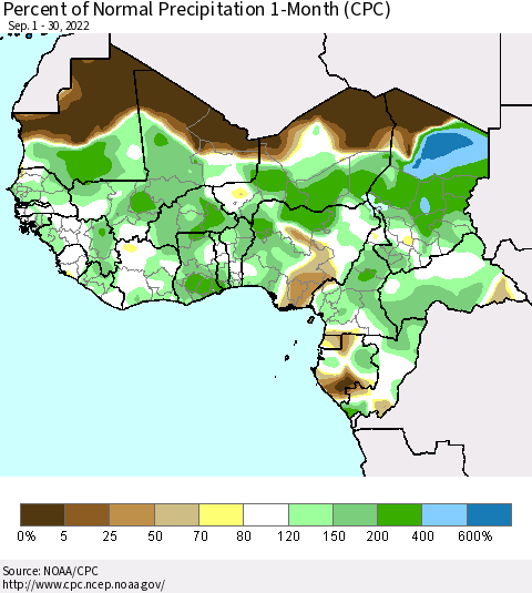 Western Africa Percent of Normal Precipitation 1-Month (CPC) Thematic Map For 9/1/2022 - 9/30/2022