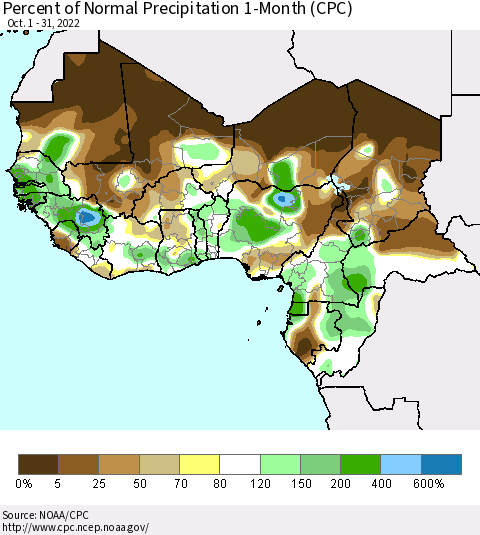 Western Africa Percent of Normal Precipitation 1-Month (CPC) Thematic Map For 10/1/2022 - 10/31/2022