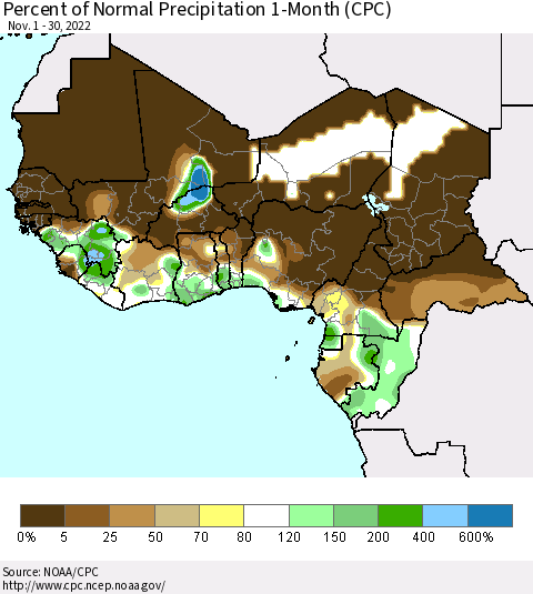 Western Africa Percent of Normal Precipitation 1-Month (CPC) Thematic Map For 11/1/2022 - 11/30/2022