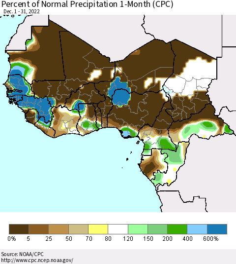 Western Africa Percent of Normal Precipitation 1-Month (CPC) Thematic Map For 12/1/2022 - 12/31/2022