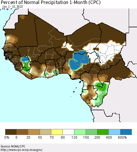 Western Africa Percent of Normal Precipitation 1-Month (CPC) Thematic Map For 1/1/2023 - 1/31/2023