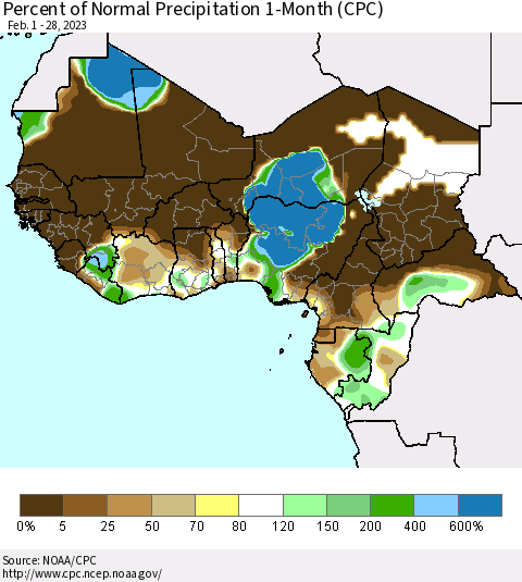 Western Africa Percent of Normal Precipitation 1-Month (CPC) Thematic Map For 2/1/2023 - 2/28/2023