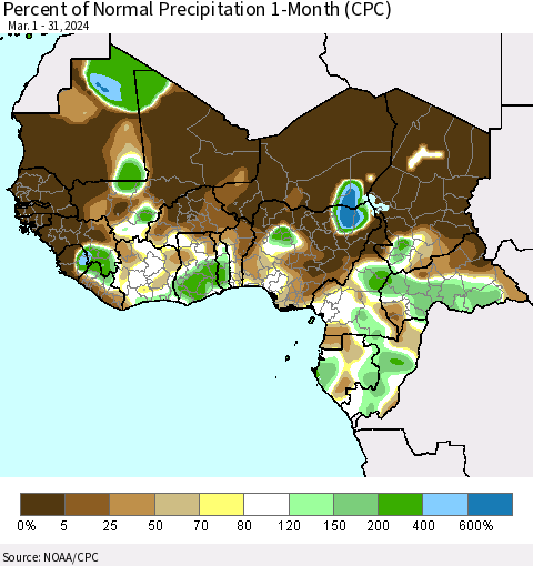 Western Africa Percent of Normal Precipitation 1-Month (CPC) Thematic Map For 3/1/2024 - 3/31/2024