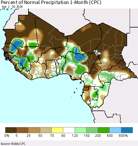Western Africa Percent of Normal Precipitation 1-Month (CPC) Thematic Map For 4/1/2024 - 4/30/2024