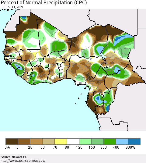 Western Africa Percent of Normal Precipitation (CPC) Thematic Map For 7/5/2021 - 7/11/2021