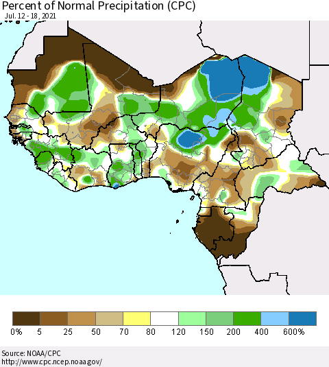 Western Africa Percent of Normal Precipitation (CPC) Thematic Map For 7/12/2021 - 7/18/2021