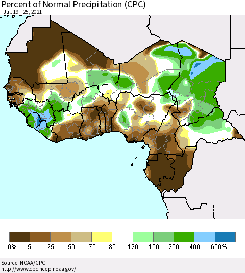 Western Africa Percent of Normal Precipitation (CPC) Thematic Map For 7/19/2021 - 7/25/2021