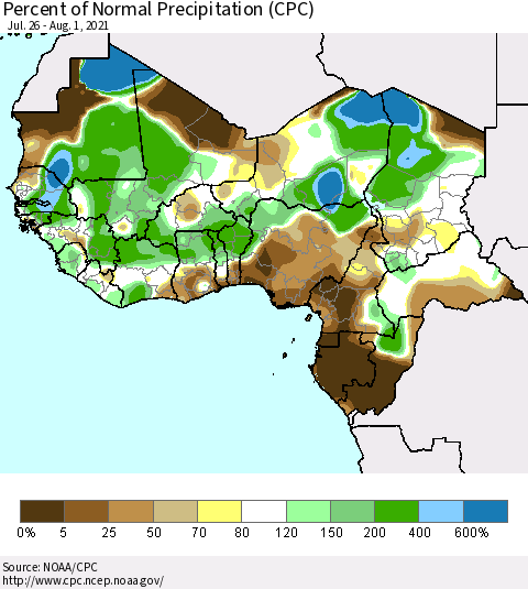 Western Africa Percent of Normal Precipitation (CPC) Thematic Map For 7/26/2021 - 8/1/2021