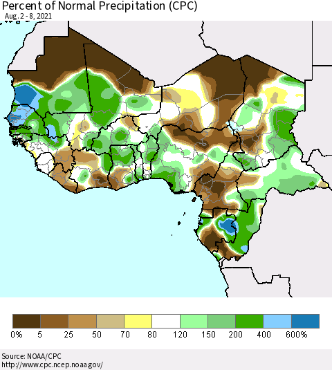 Western Africa Percent of Normal Precipitation (CPC) Thematic Map For 8/2/2021 - 8/8/2021