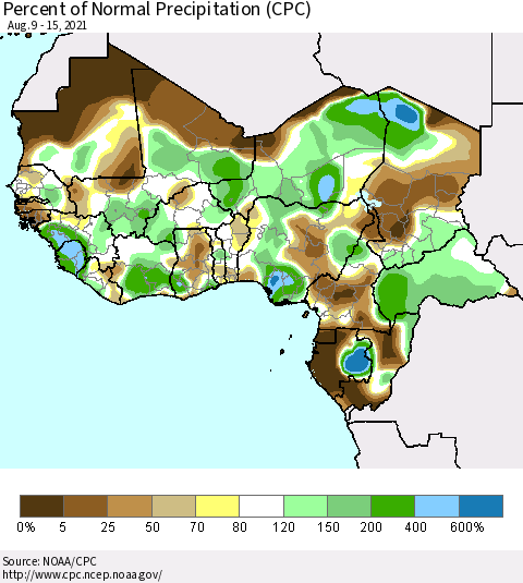 Western Africa Percent of Normal Precipitation (CPC) Thematic Map For 8/9/2021 - 8/15/2021