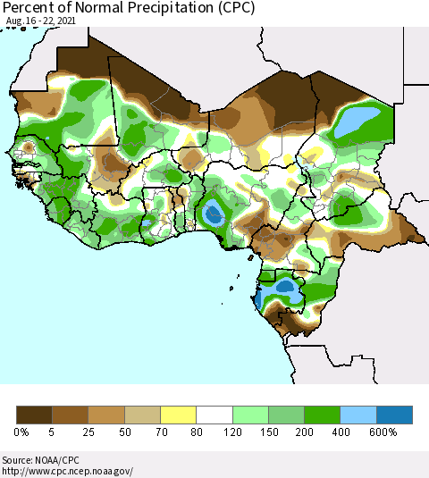 Western Africa Percent of Normal Precipitation (CPC) Thematic Map For 8/16/2021 - 8/22/2021
