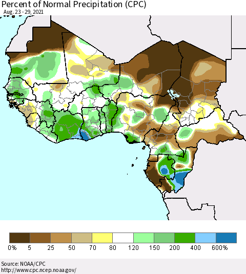 Western Africa Percent of Normal Precipitation (CPC) Thematic Map For 8/23/2021 - 8/29/2021