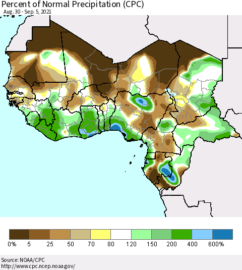 Western Africa Percent of Normal Precipitation (CPC) Thematic Map For 8/30/2021 - 9/5/2021