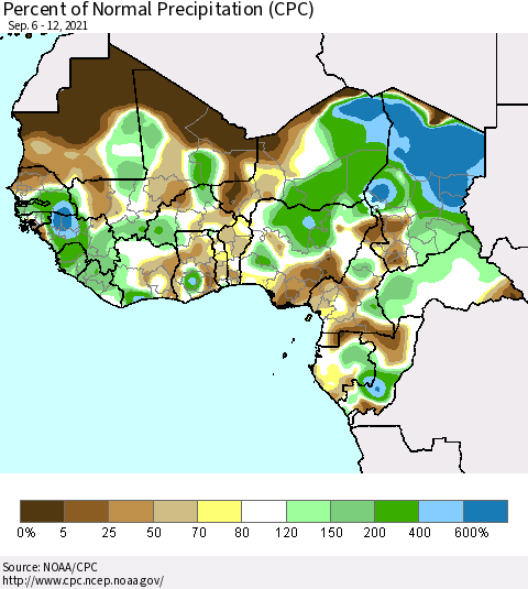 Western Africa Percent of Normal Precipitation (CPC) Thematic Map For 9/6/2021 - 9/12/2021