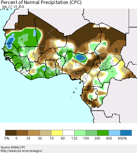 Western Africa Percent of Normal Precipitation (CPC) Thematic Map For 9/13/2021 - 9/19/2021