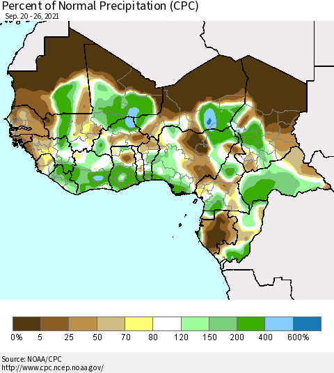 Western Africa Percent of Normal Precipitation (CPC) Thematic Map For 9/20/2021 - 9/26/2021