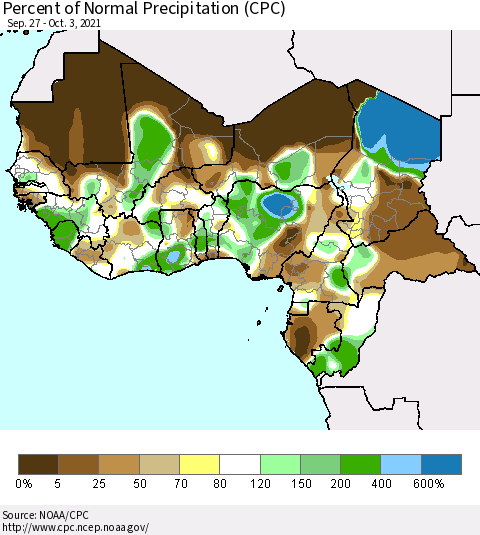 Western Africa Percent of Normal Precipitation (CPC) Thematic Map For 9/27/2021 - 10/3/2021