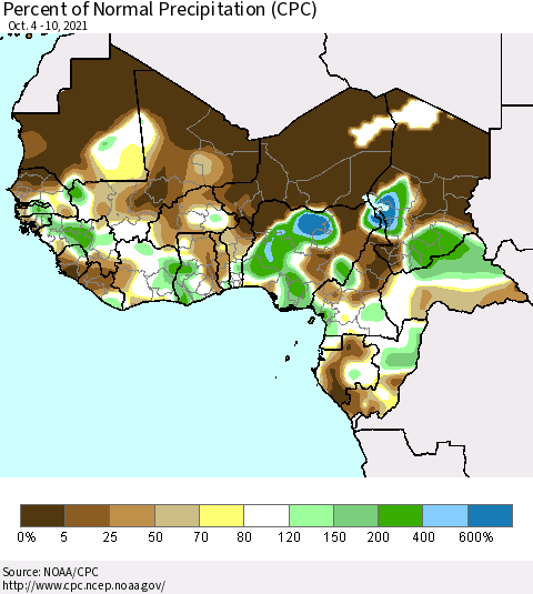 Western Africa Percent of Normal Precipitation (CPC) Thematic Map For 10/4/2021 - 10/10/2021