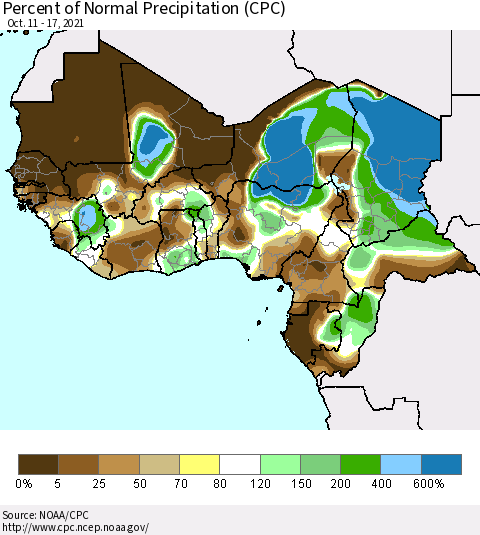 Western Africa Percent of Normal Precipitation (CPC) Thematic Map For 10/11/2021 - 10/17/2021