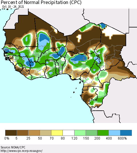 Western Africa Percent of Normal Precipitation (CPC) Thematic Map For 10/18/2021 - 10/24/2021