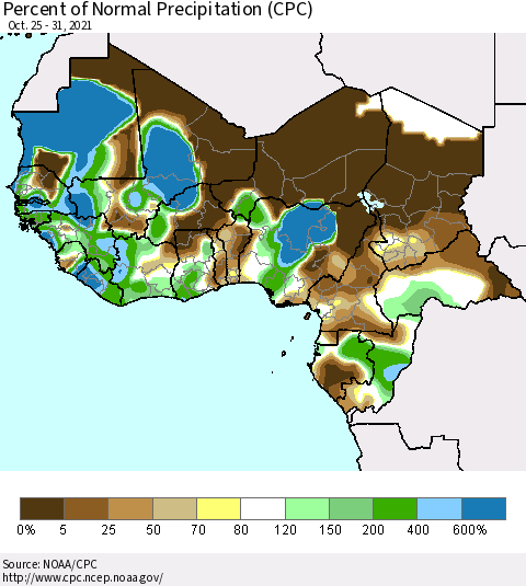 Western Africa Percent of Normal Precipitation (CPC) Thematic Map For 10/25/2021 - 10/31/2021