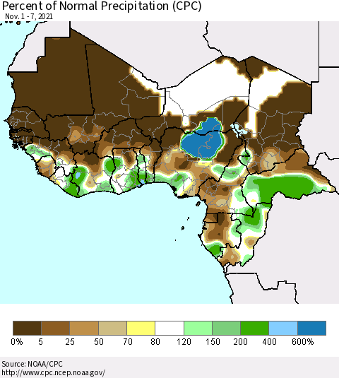 Western Africa Percent of Normal Precipitation (CPC) Thematic Map For 11/1/2021 - 11/7/2021