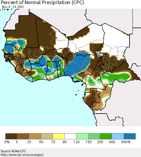 Western Africa Percent of Normal Precipitation (CPC) Thematic Map For 11/8/2021 - 11/14/2021