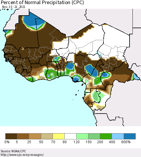 Western Africa Percent of Normal Precipitation (CPC) Thematic Map For 11/15/2021 - 11/21/2021