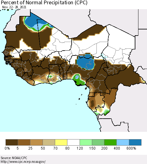 Western Africa Percent of Normal Precipitation (CPC) Thematic Map For 11/22/2021 - 11/28/2021