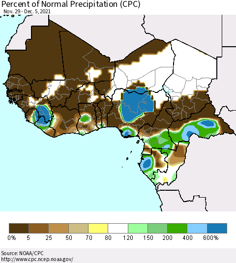 Western Africa Percent of Normal Precipitation (CPC) Thematic Map For 11/29/2021 - 12/5/2021