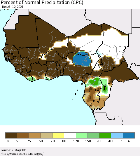 Western Africa Percent of Normal Precipitation (CPC) Thematic Map For 12/6/2021 - 12/12/2021