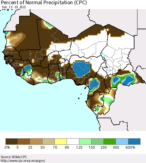 Western Africa Percent of Normal Precipitation (CPC) Thematic Map For 12/13/2021 - 12/19/2021