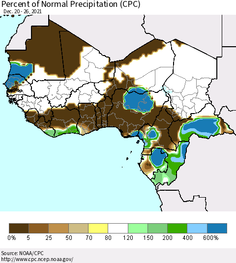 Western Africa Percent of Normal Precipitation (CPC) Thematic Map For 12/20/2021 - 12/26/2021