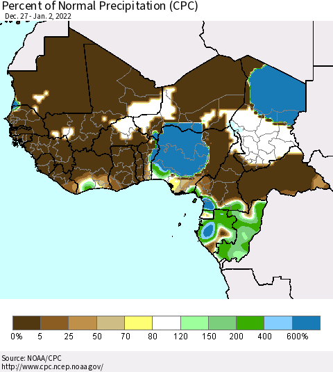 Western Africa Percent of Normal Precipitation (CPC) Thematic Map For 12/27/2021 - 1/2/2022