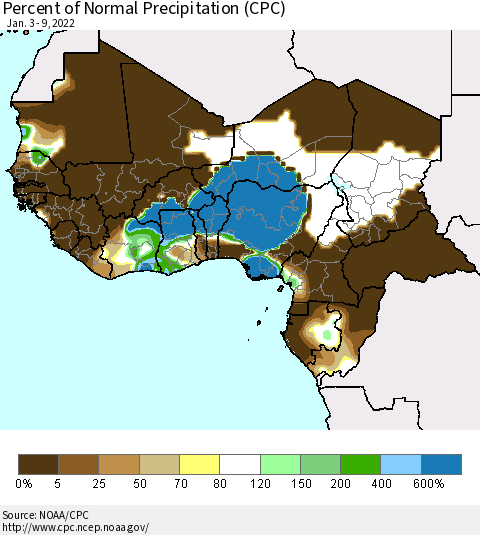 Western Africa Percent of Normal Precipitation (CPC) Thematic Map For 1/3/2022 - 1/9/2022