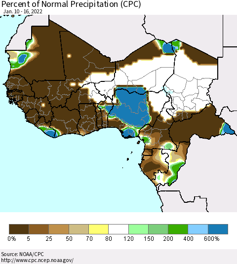 Western Africa Percent of Normal Precipitation (CPC) Thematic Map For 1/10/2022 - 1/16/2022