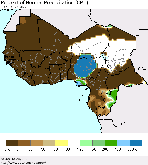 Western Africa Percent of Normal Precipitation (CPC) Thematic Map For 1/17/2022 - 1/23/2022