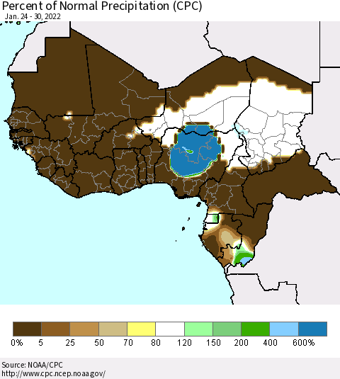 Western Africa Percent of Normal Precipitation (CPC) Thematic Map For 1/24/2022 - 1/30/2022