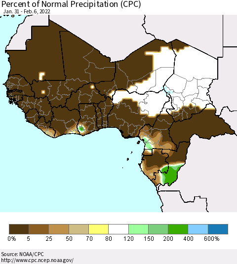Western Africa Percent of Normal Precipitation (CPC) Thematic Map For 1/31/2022 - 2/6/2022