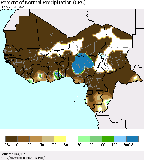 Western Africa Percent of Normal Precipitation (CPC) Thematic Map For 2/7/2022 - 2/13/2022