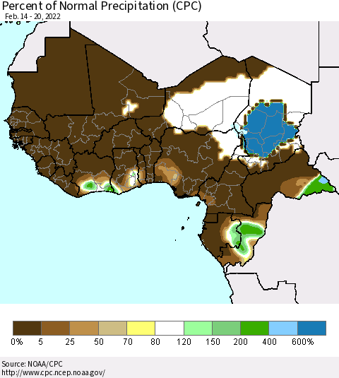 Western Africa Percent of Normal Precipitation (CPC) Thematic Map For 2/14/2022 - 2/20/2022