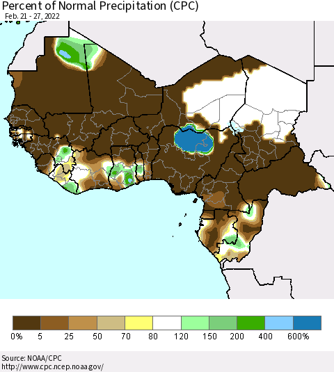 Western Africa Percent of Normal Precipitation (CPC) Thematic Map For 2/21/2022 - 2/27/2022