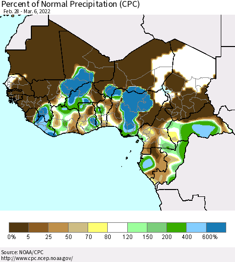 Western Africa Percent of Normal Precipitation (CPC) Thematic Map For 2/28/2022 - 3/6/2022