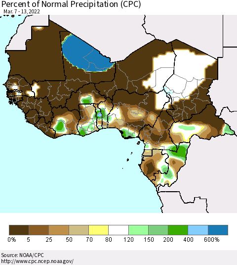 Western Africa Percent of Normal Precipitation (CPC) Thematic Map For 3/7/2022 - 3/13/2022