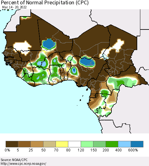 Western Africa Percent of Normal Precipitation (CPC) Thematic Map For 3/14/2022 - 3/20/2022