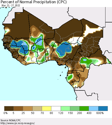 Western Africa Percent of Normal Precipitation (CPC) Thematic Map For 3/21/2022 - 3/27/2022