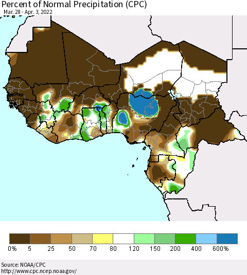 Western Africa Percent of Normal Precipitation (CPC) Thematic Map For 3/28/2022 - 4/3/2022