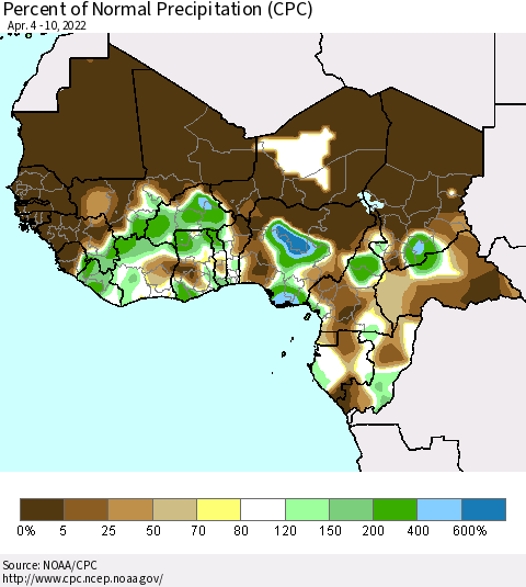 Western Africa Percent of Normal Precipitation (CPC) Thematic Map For 4/4/2022 - 4/10/2022
