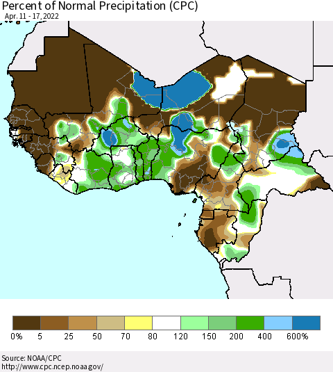 Western Africa Percent of Normal Precipitation (CPC) Thematic Map For 4/11/2022 - 4/17/2022