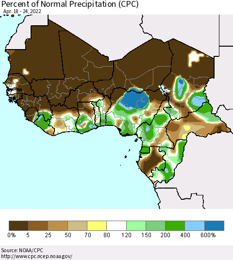 Western Africa Percent of Normal Precipitation (CPC) Thematic Map For 4/18/2022 - 4/24/2022